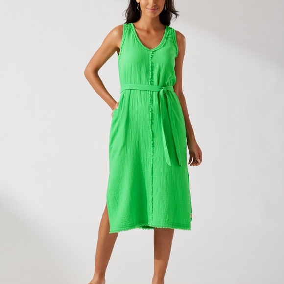 Vibrant Green Cotton Gauze Sleeveless Frayed Dress - Picture 1 of 9